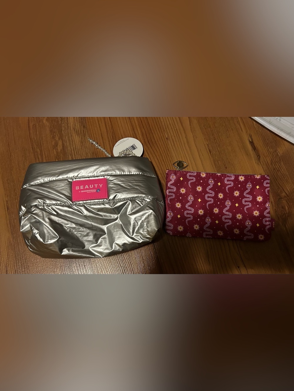 Metallic Silver Puffer Cosmetic Bag with Pink Logo Patch Along With Ipsy Pouch 👝